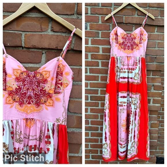 Emery Rose Oriental Red Pink Maxi Dress - Picture 1 of 6